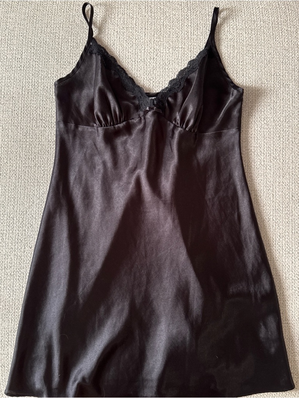 Satin Lace Trim Slip Dress - Black